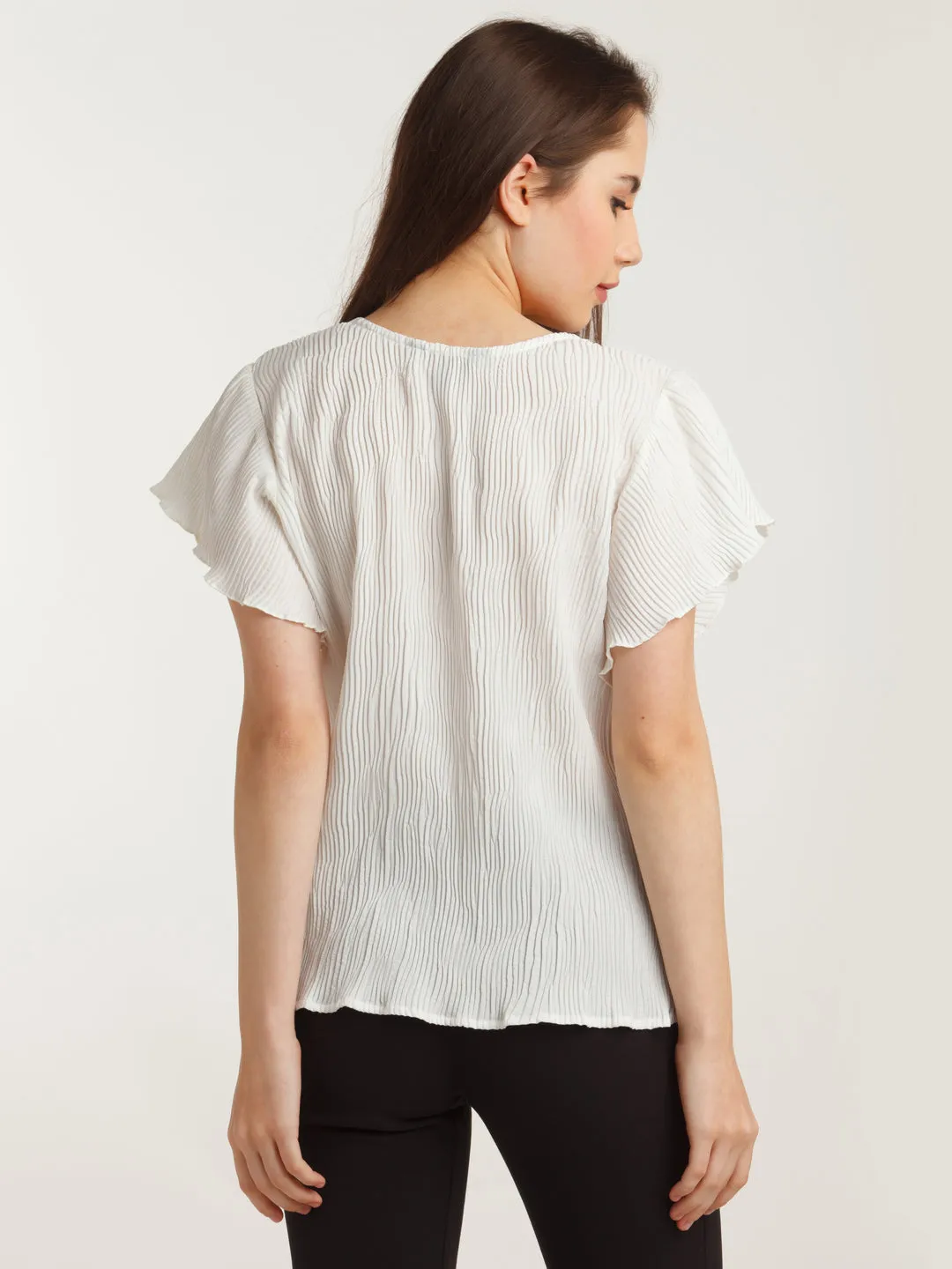 White Solid Flared Sleeve Top