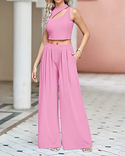 Women 2 Piece Outfits Spring Summer Tracksuits Mock Neck Sleeveless Cutout Crop Top Wide Leg Long Pants Sweatsuits