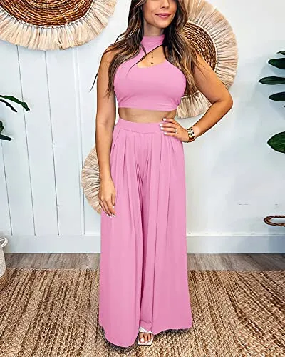 Women 2 Piece Outfits Spring Summer Tracksuits Mock Neck Sleeveless Cutout Crop Top Wide Leg Long Pants Sweatsuits