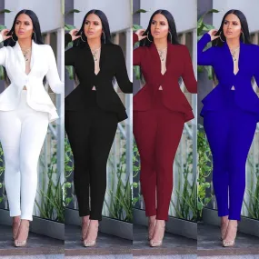 Women Ruffles Blazers Pencil Pants Suit Two Piece Set