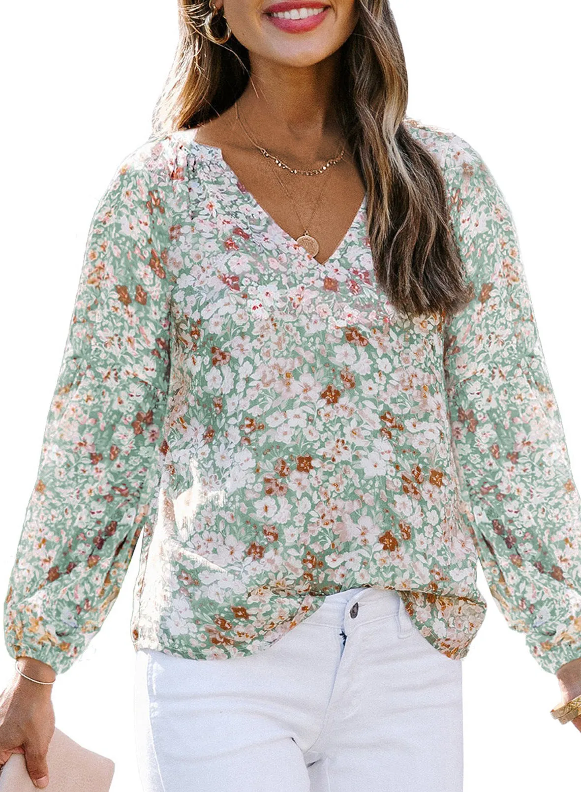 Women V-neck Slim Fit Chiffon Blouses Lantern Sleeve Floral Shirt