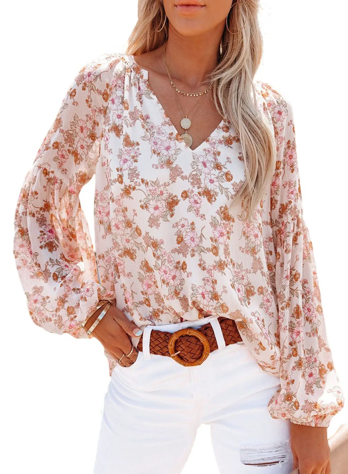 Women V-neck Slim Fit Chiffon Blouses Lantern Sleeve Floral Shirt