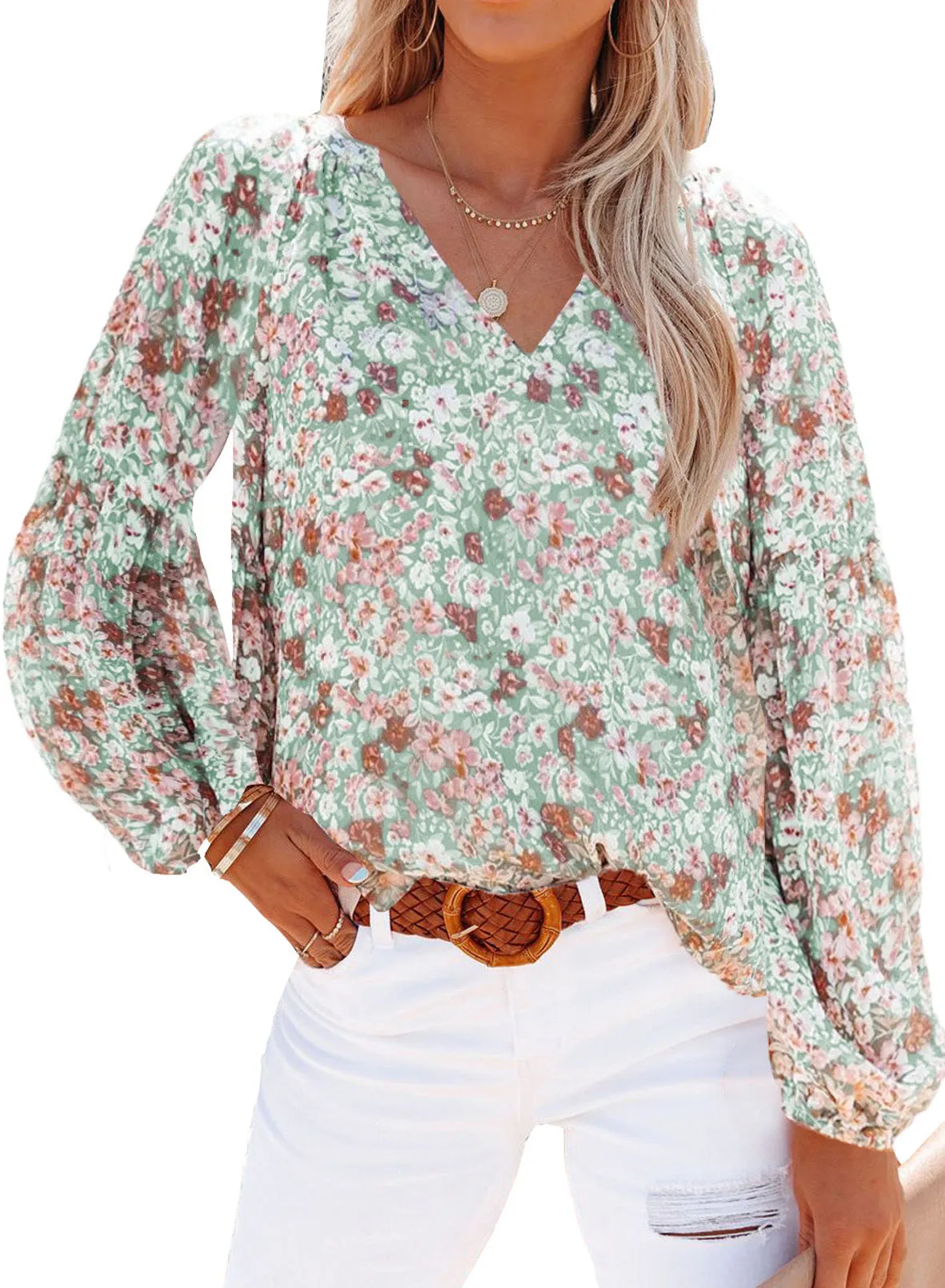 Women V-neck Slim Fit Chiffon Blouses Lantern Sleeve Floral Shirt