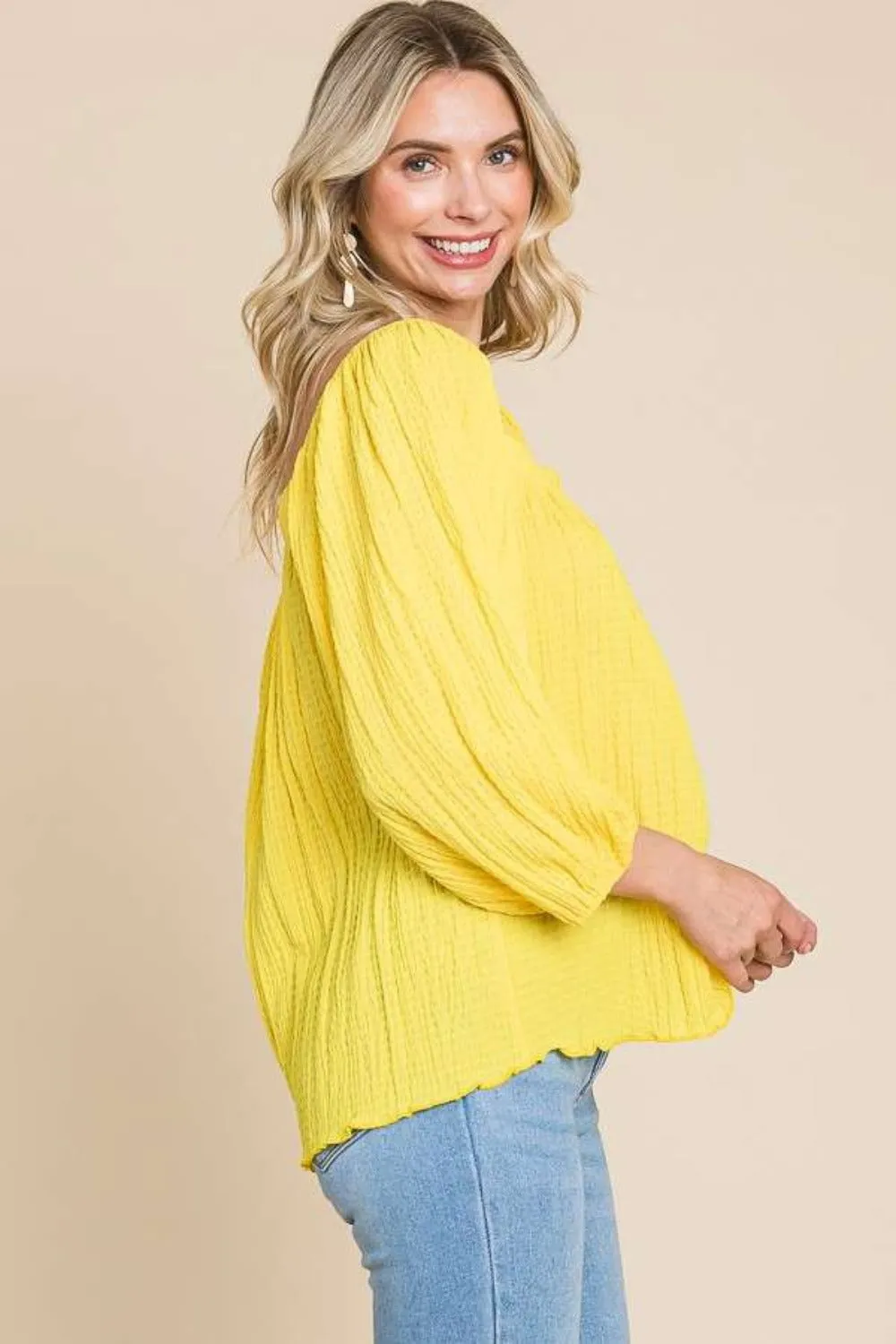 Women's Culture Code Texture Square Neck Puff Sleeve Top