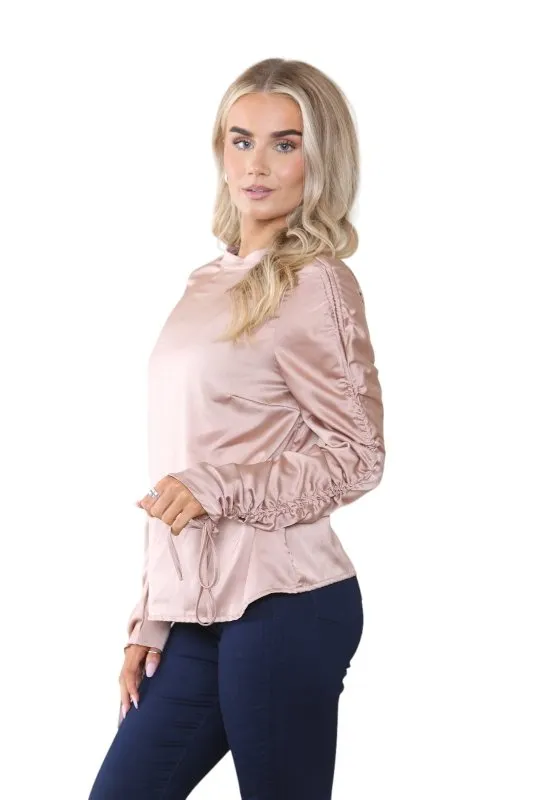 Women's Dusty Rose Gold Long Ruched Drawstring Sleeve Crew Round Neck Top Elegant Vintage Fashion Tunic Office Work Party Club Summer Loose Shirt Blouse