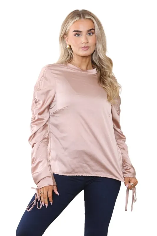 Women's Dusty Rose Gold Long Ruched Drawstring Sleeve Crew Round Neck Top Elegant Vintage Fashion Tunic Office Work Party Club Summer Loose Shirt Blouse