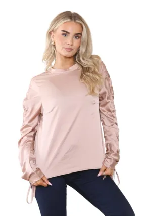 Women's Dusty Rose Gold Long Ruched Drawstring Sleeve Crew Round Neck Top Elegant Vintage Fashion Tunic Office Work Party Club Summer Loose Shirt Blouse