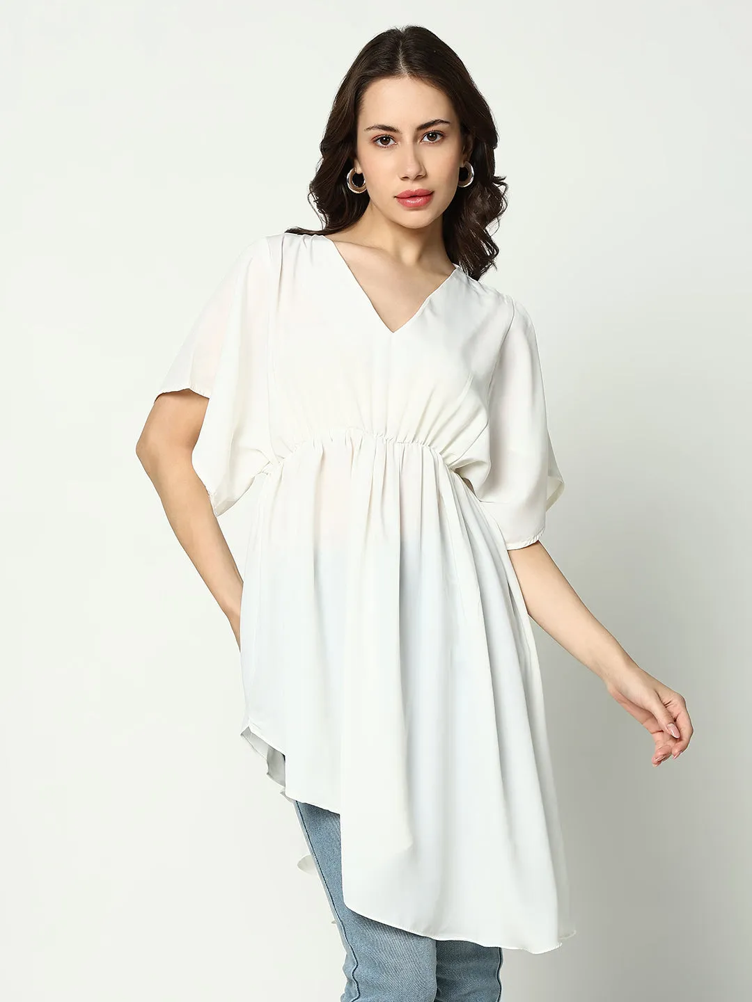 Women's Off White Solid Fit and Flare Top