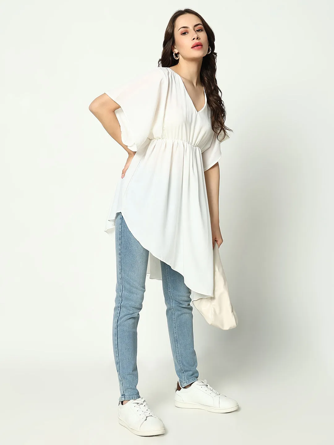 Women's Off White Solid Fit and Flare Top