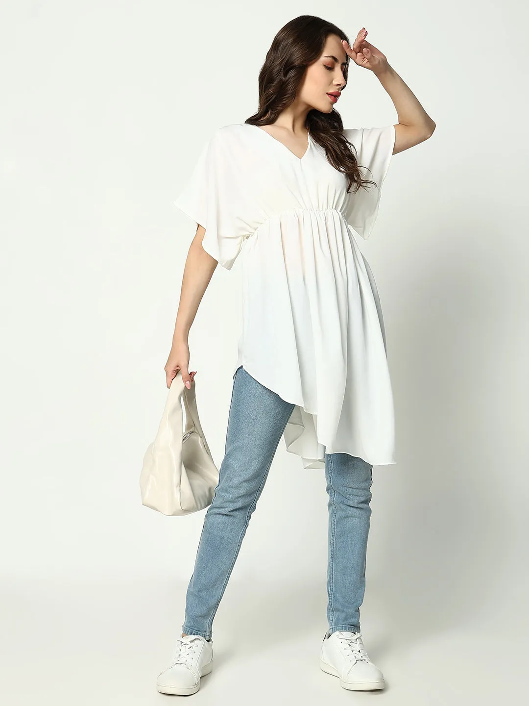 Women's Off White Solid Fit and Flare Top