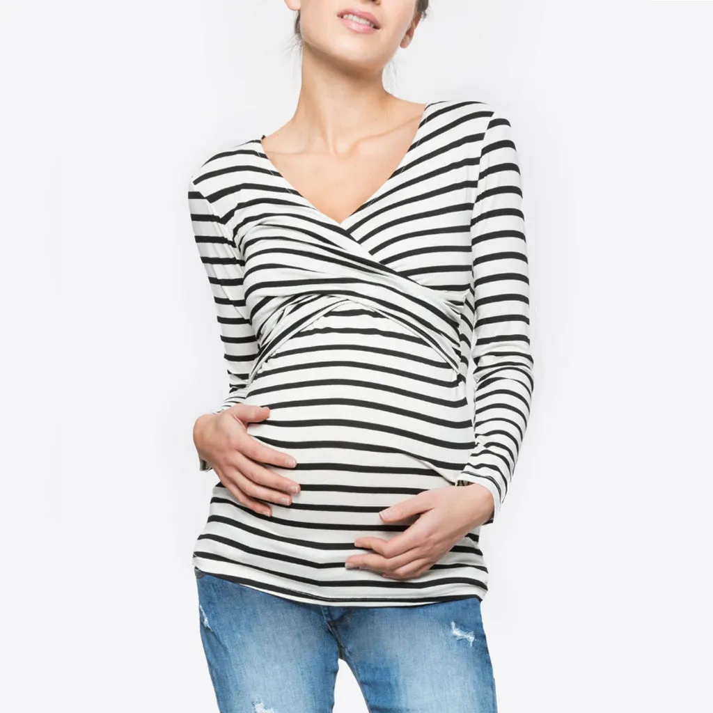 Women's Pregnant Striped Long-sleeved Breastfeeding T-shirt Blouses