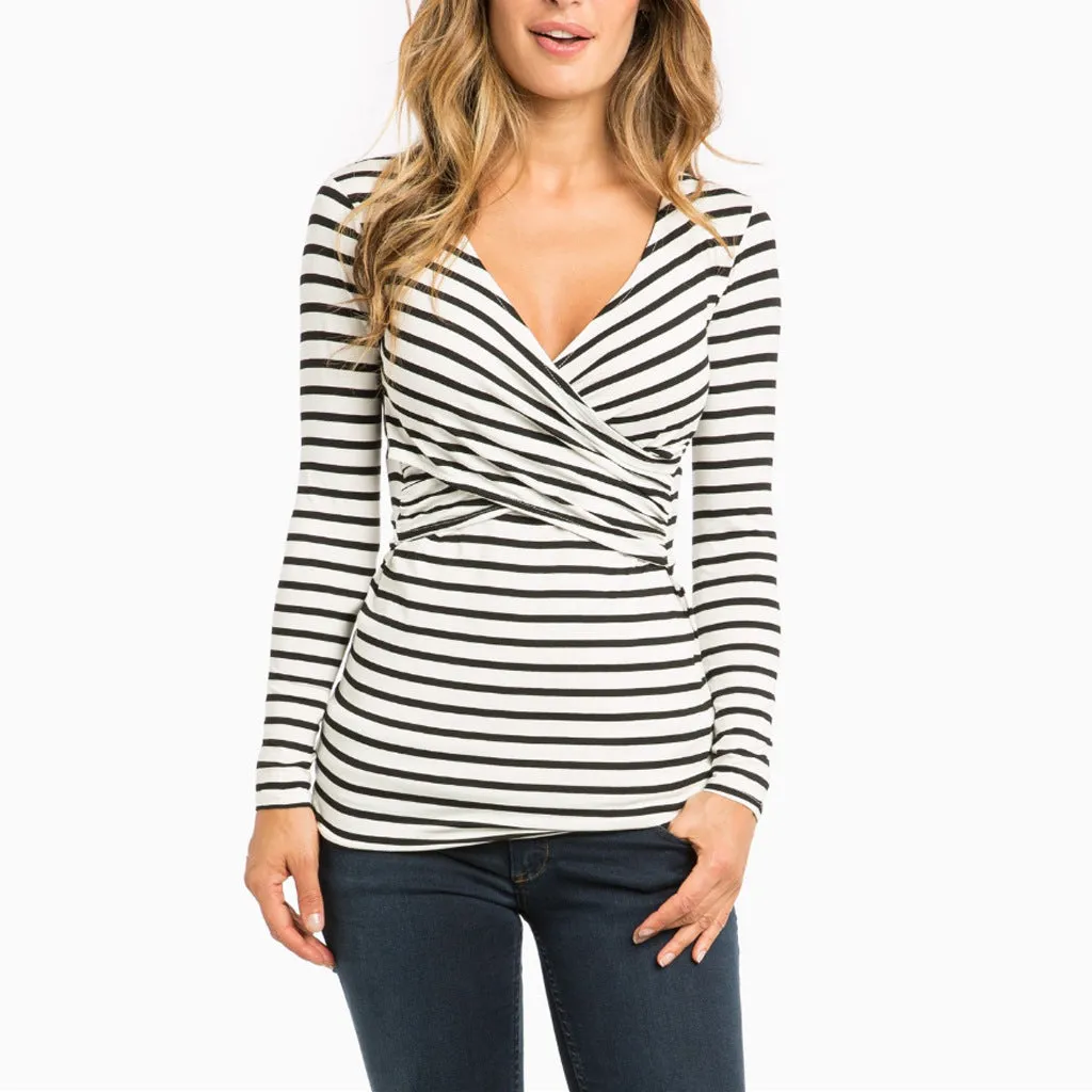 Women's Pregnant Striped Long-sleeved Breastfeeding T-shirt Blouses