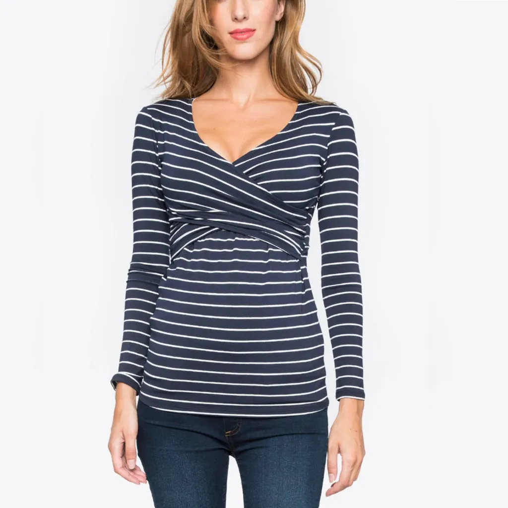 Women's Pregnant Striped Long-sleeved Breastfeeding T-shirt Blouses