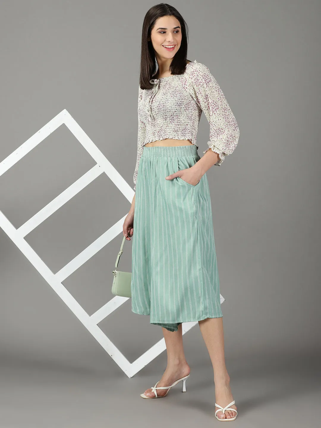 Women's Sea Green Striped Culottes