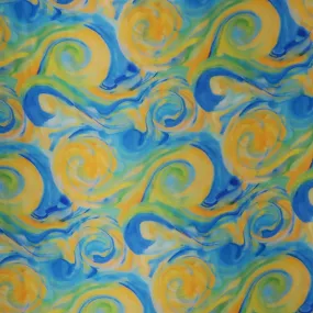 Yellow and Blue Abstract Art Printed Silk Charmeuse Fabric