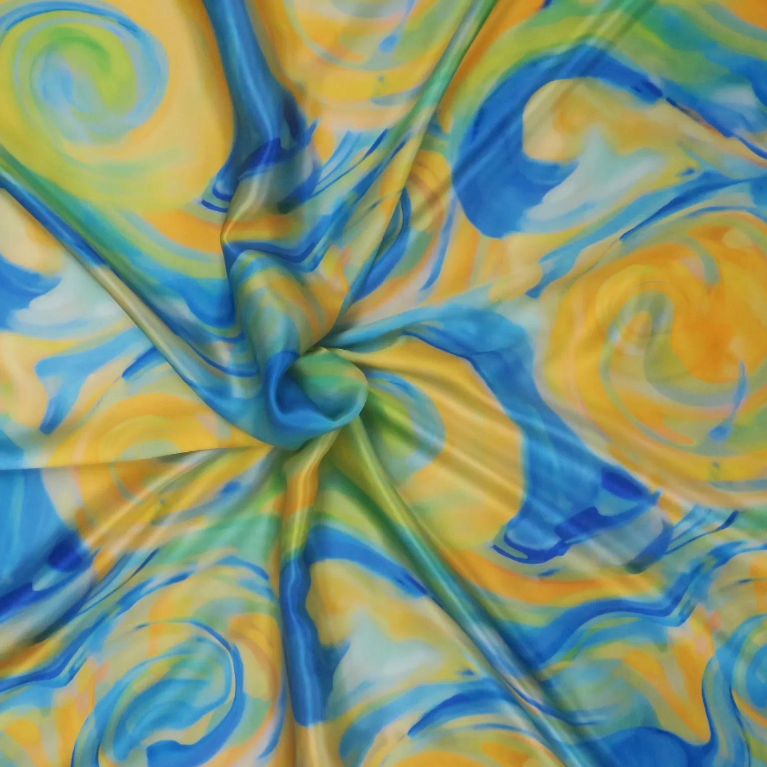 Yellow and Blue Abstract Art Printed Silk Charmeuse Fabric