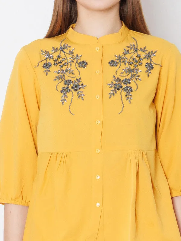 Yellow Embroidered Regular Fit Top