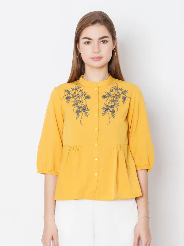 Yellow Embroidered Regular Fit Top