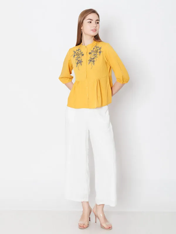 Yellow Embroidered Regular Fit Top